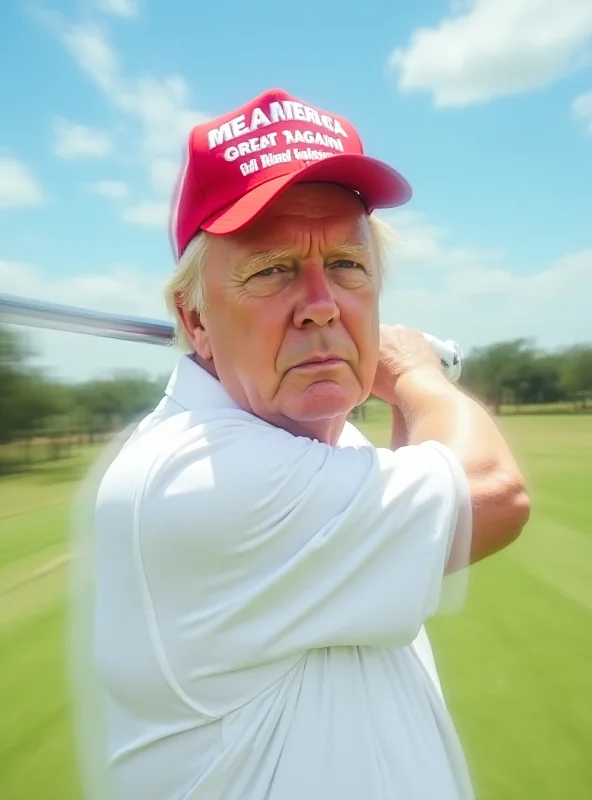 Donald Trump on a golf course, swinging a club, with a serious expression