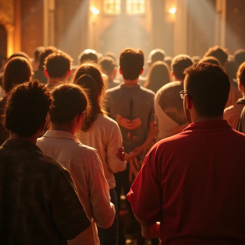 A group of people praying together in a brightly lit room.