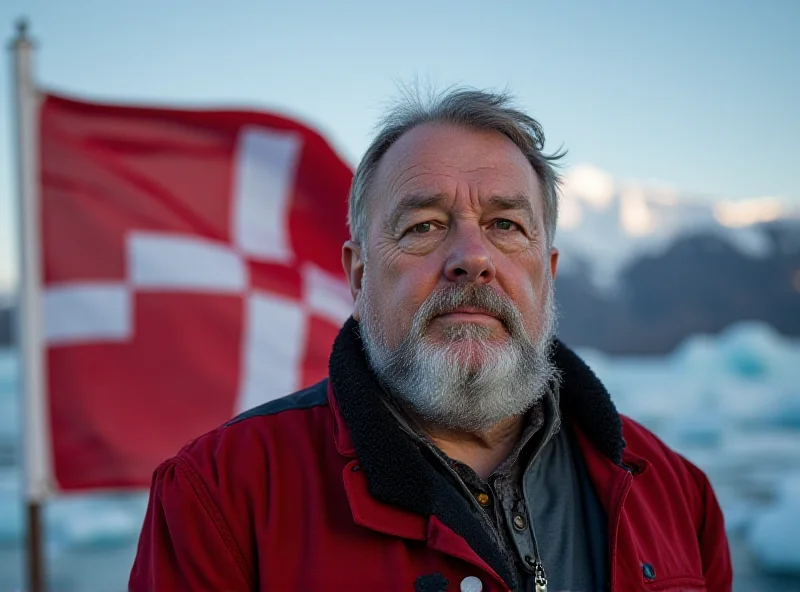 AI generated image of Moti Borob Eijidi, Prime Minister of Greenland, standing in front of a Greenlandic flag, with a determined expression.