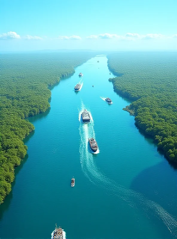 AI generated image of the Panama Canal with ships passing through, viewed from a high angle, under a clear blue sky.