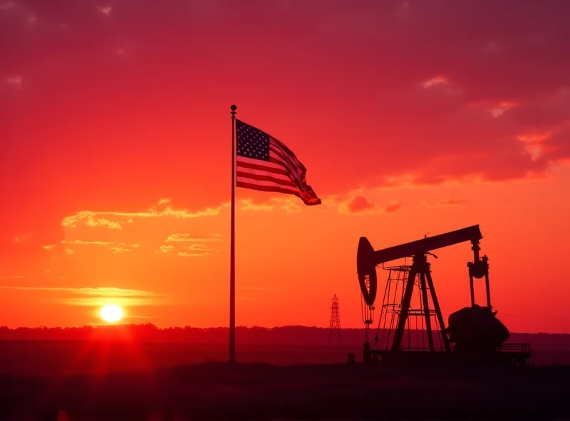 AI generated image of an oil rig at sunset, with the American flag waving in the background. The sky is a mix of orange and red hues.