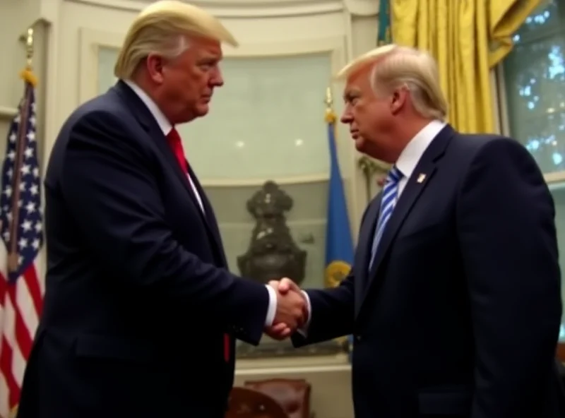 Donald Trump and Volodymyr Zelenskyy meeting in the Oval Office, shaking hands formally. The atmosphere is serious and diplomatic.