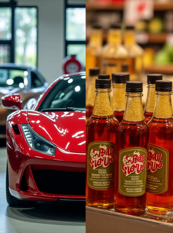 A split image. One side shows expensive cars in a showroom. The other side shows a stack of avocados and bottles of maple syrup on a grocery store shelf. The image represents the impact of the trade war on consumer goods.