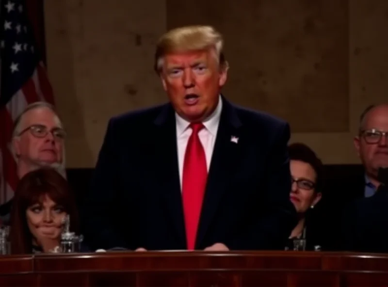 President Donald Trump addressing a joint session of Congress. He is standing at a podium with the American flag behind him. He is gesturing with his hands as he speaks, projecting confidence and authority.