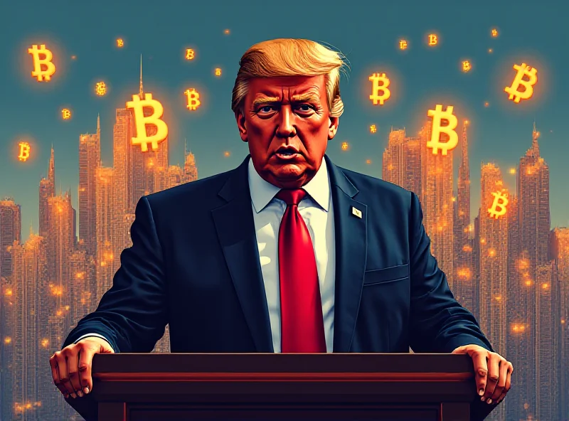 Illustration of Donald Trump speaking at a podium with Bitcoin symbols in the background.