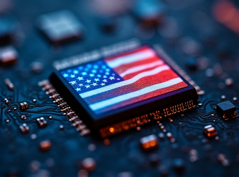 Close-up of a microchip with the American flag reflected on its surface, symbolizing the Chips Act and its impact on US technology.