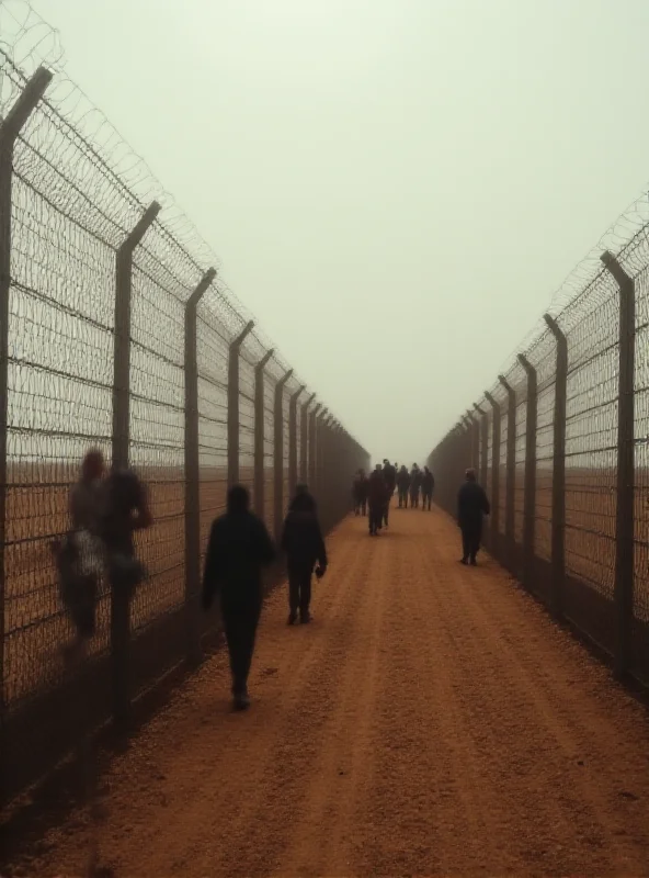 A symbolic image of a border fence with a crowd of blurred figures approaching it, representing the migrant issue and the debate surrounding deportation policies.