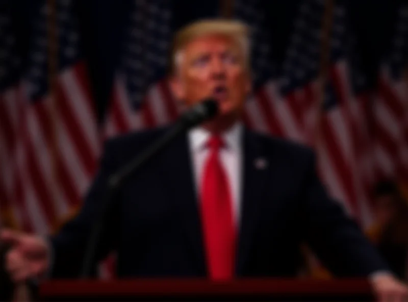 Donald Trump giving a speech at a podium, American flags in the background, looking confident.