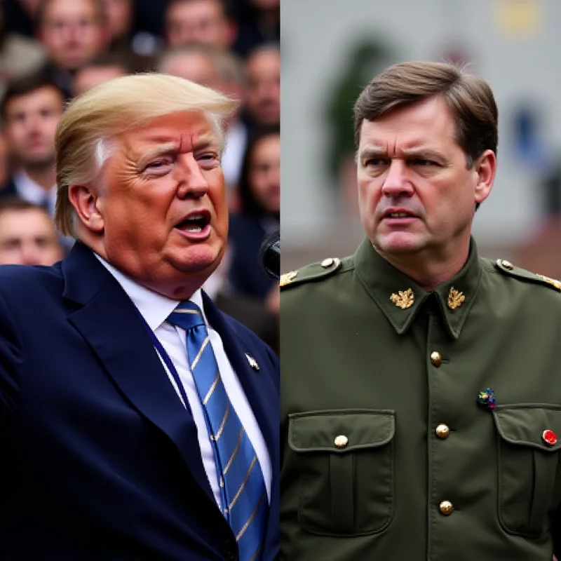 A split image. On one side, Donald Trump speaking at a rally. On the other side, Volodymyr Zelenskyy addressing a crowd in military attire.