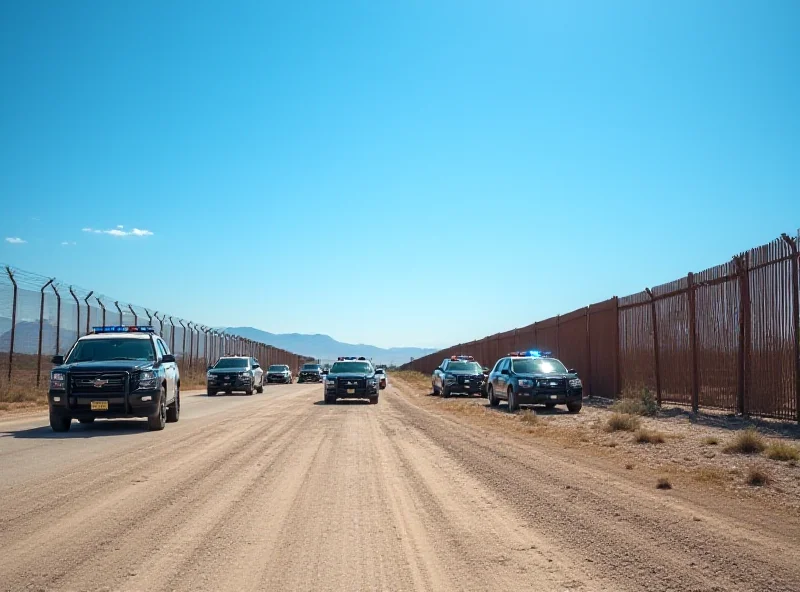 Image of the US-Mexico border fence with border patrol vehicles in the background.