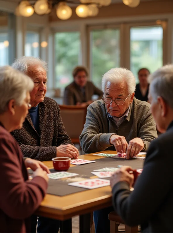 A group of senior citizens talking in a community center, representing Medicare recipients.