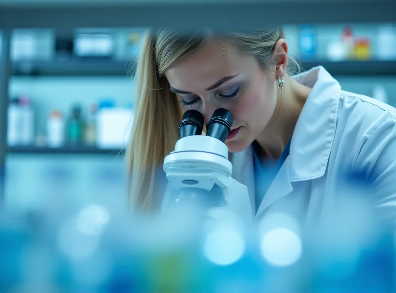 A scientist in a lab coat looking through a microscope, symbolizing medical research.