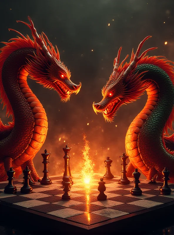 A visual representation of a trade war between the United States and China, depicting two dragons (representing the countries) breathing fire at each other across a chessboard.