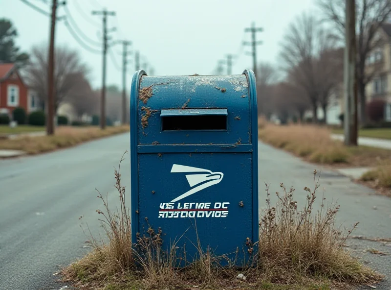 A slightly dilapidated U.S. Postal Service mailbox standing alone on a deserted street, symbolizing the potential decline of the institution.