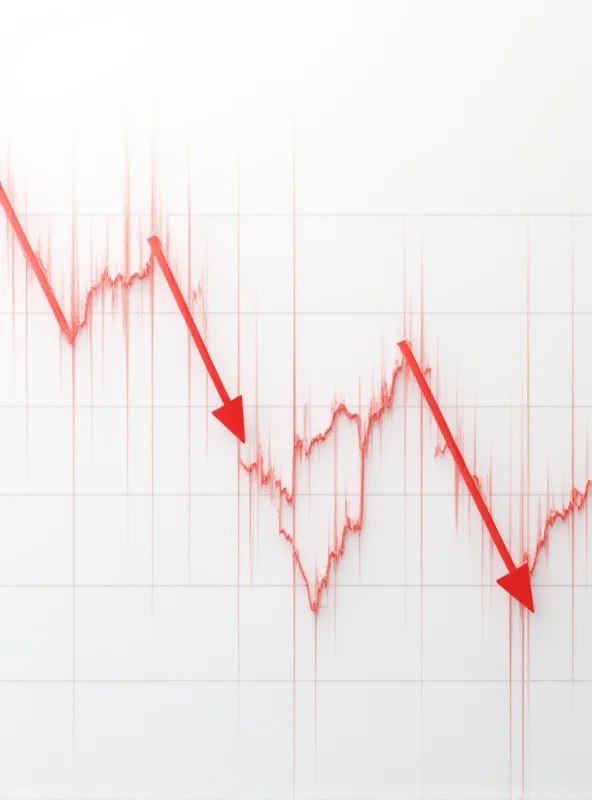 A graph showing a steep decline in the stock market, with arrows pointing downwards and red colors dominating the visual, representing the negative impact of tariffs.