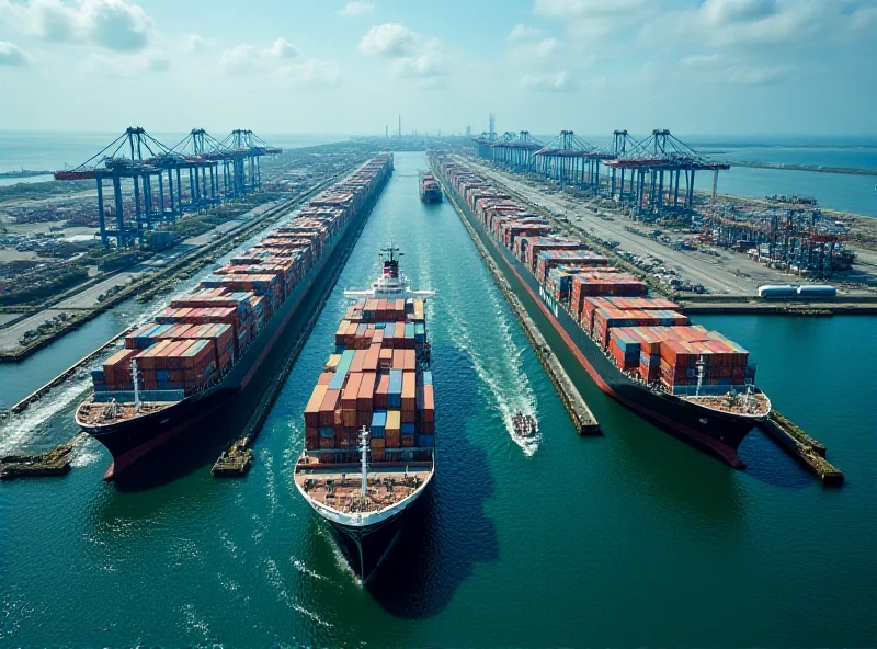 Aerial view of the Panama Canal with large container ships passing through the locks, showcasing the strategic importance of the ports. BlackRock logo subtly overlaid.