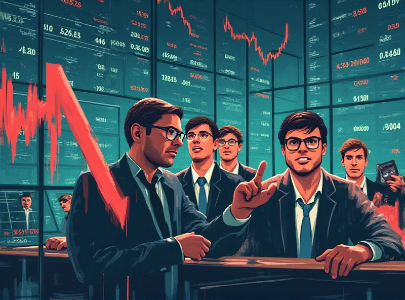 Illustration of a stock market ticker tape with a downward trending arrow and worried investors in the background.