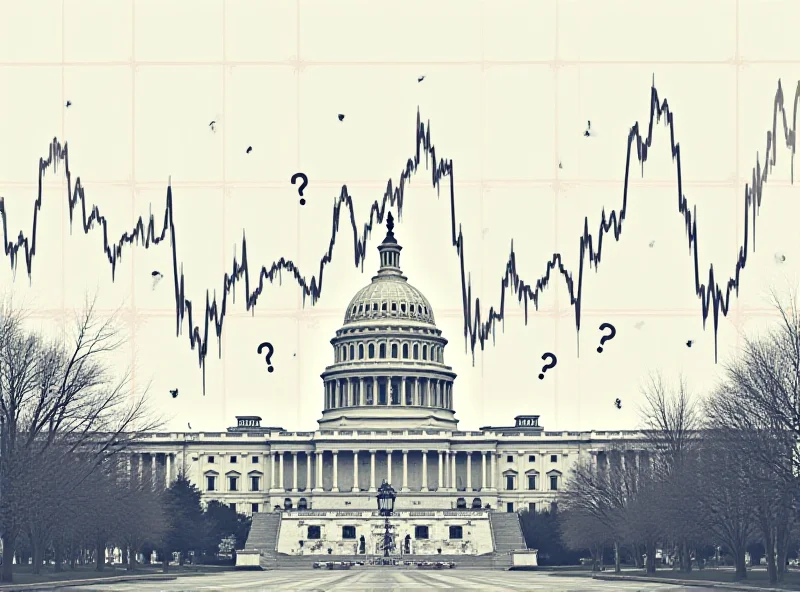 Illustration of a graph depicting economic uncertainty with jagged lines and question marks, overlaid on an image of the US Capitol building.