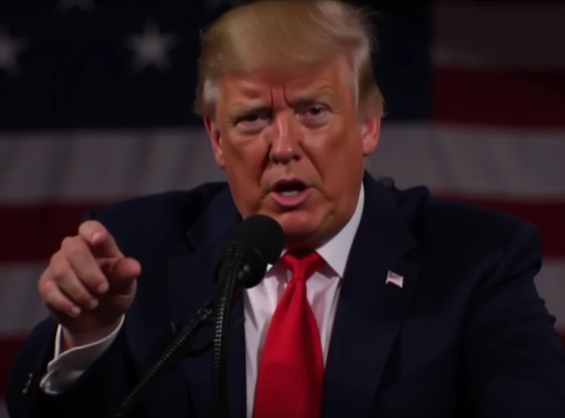 Donald Trump speaking at a podium with an American flag in the background.