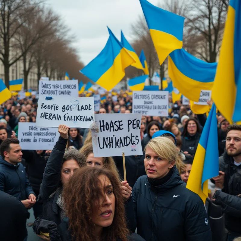 A group of people holding Ukrainian flags and signs in support of Ukraine.