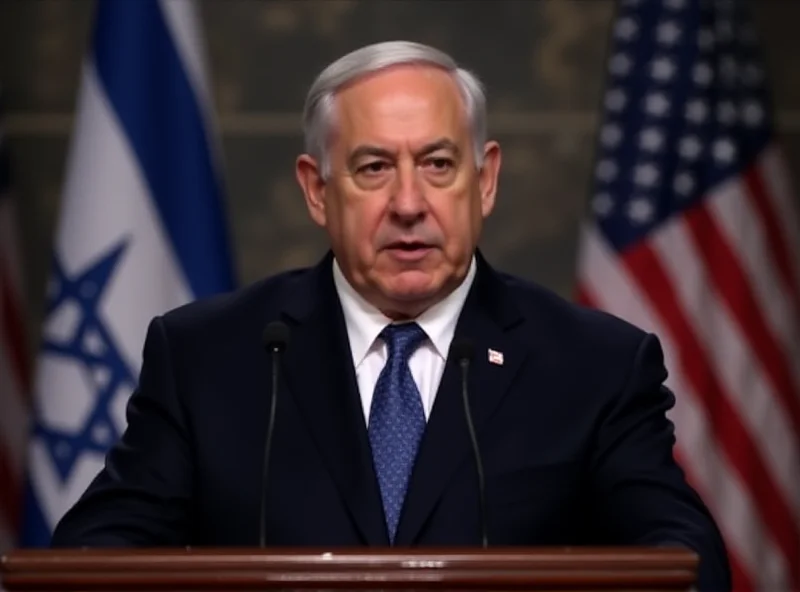 Benjamin Netanyahu speaking at a podium with an American flag in the background