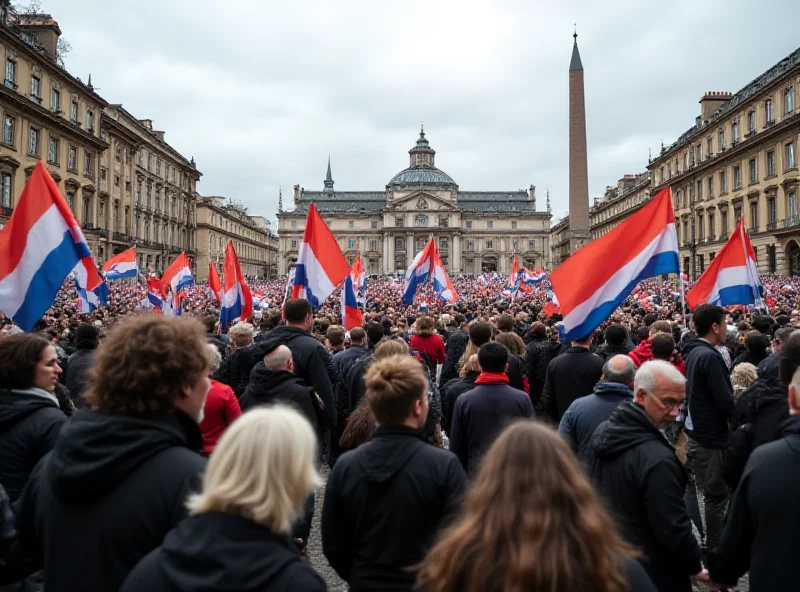 A crowd of people holding signs and flags in a European square