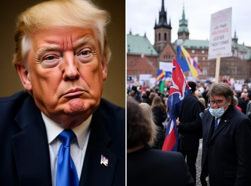 A split image showing Donald Trump on one side and a protest in Prague on the other