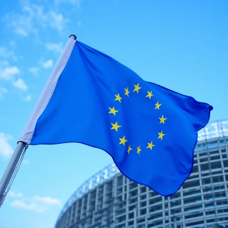 European Union flag waving in front of the European Parliament building