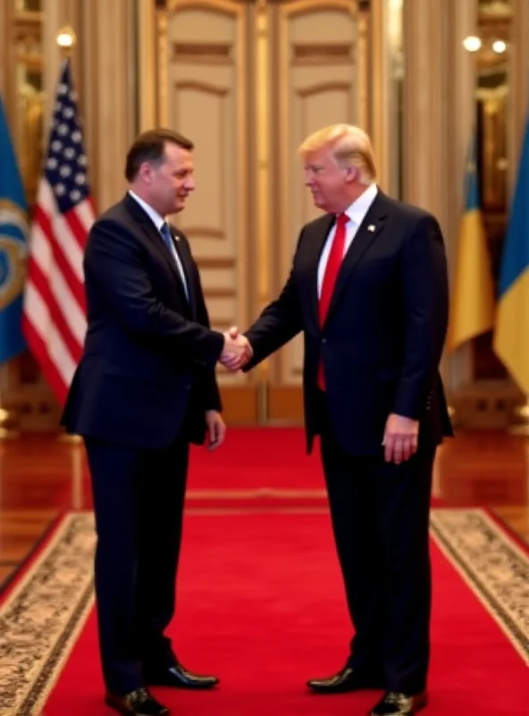 Presidents Trump and Zelensky shaking hands at a formal meeting.