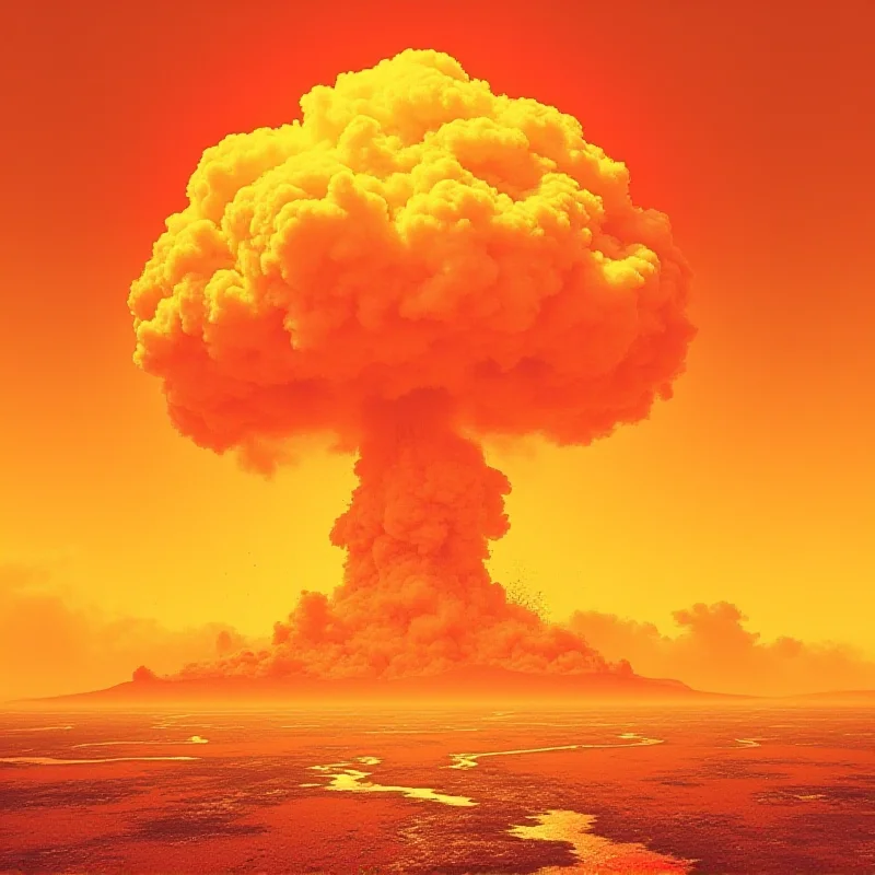 A dramatic image of a mushroom cloud rising in the desert, symbolizing nuclear proliferation concerns.