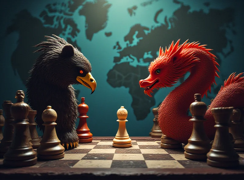 Illustration of a chess game with the US, Russia, and China as players.