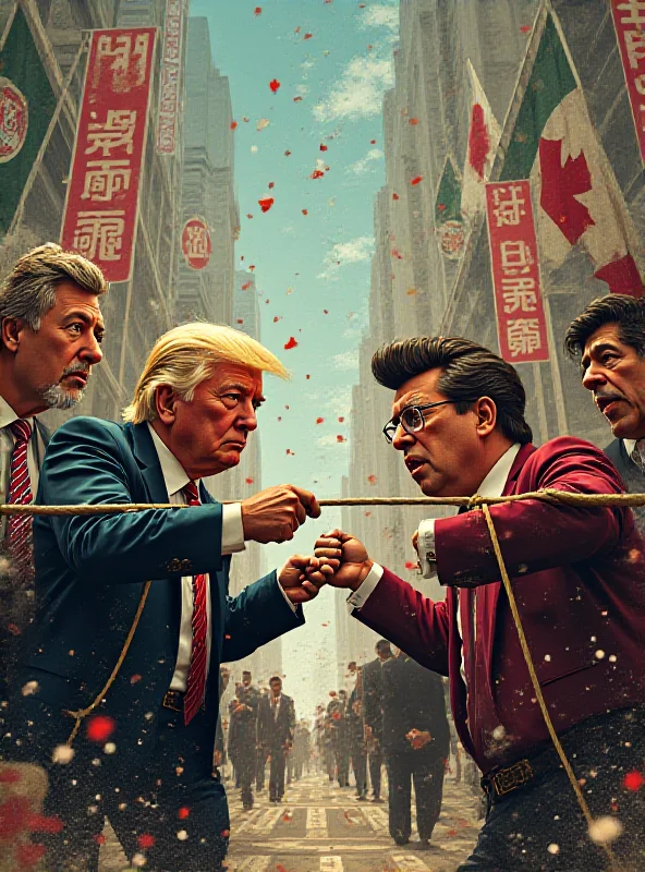 An image depicting a trade war, with tariffs as weapons, between the US, Canada, Mexico, and China.