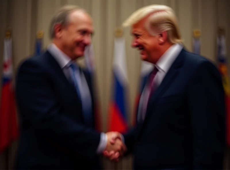 Donald Trump shaking hands with Vladimir Putin. Both men are smiling slightly. A formal setting with flags in the background.