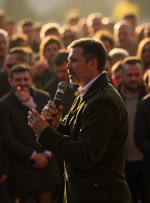 Volodymyr Zelenskyy addressing a crowd. He is wearing a military-style shirt and speaking passionately. The crowd is attentive and supportive.