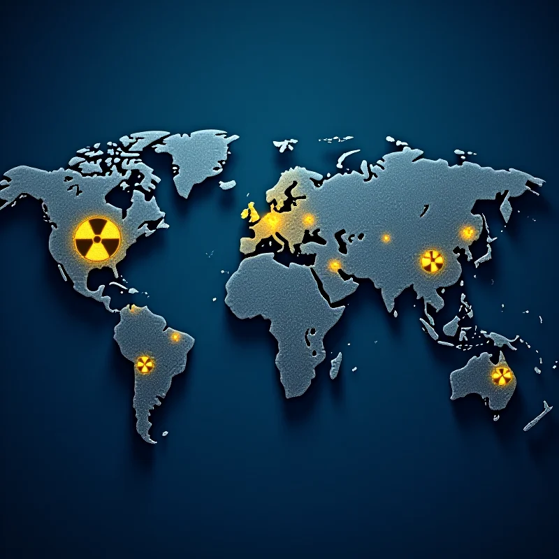 A world map with glowing nuclear symbols scattered across it, highlighting the global distribution of nuclear weapons. The map is a dark blue and the nuclear symbols are a bright yellow.