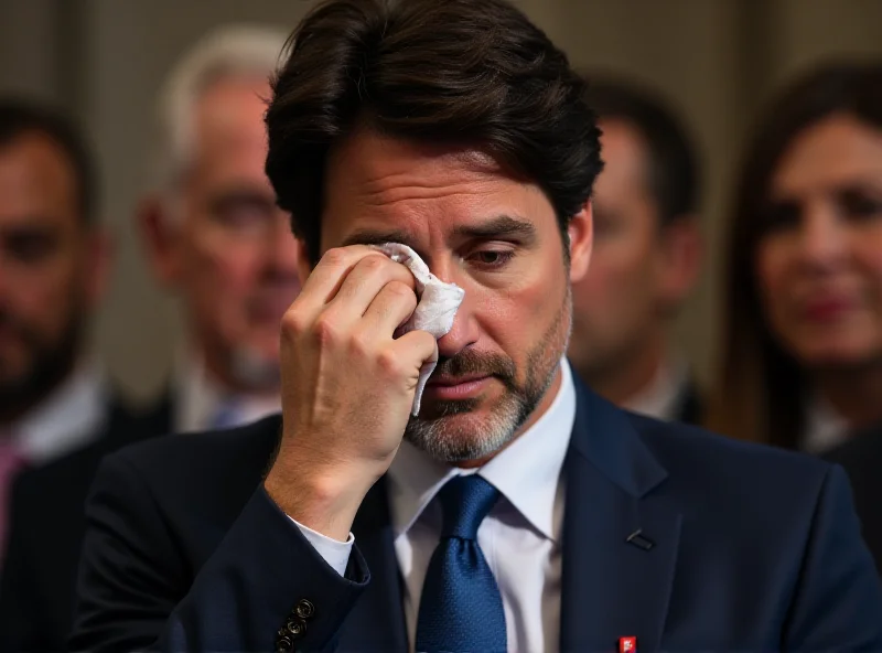 Justin Trudeau looking emotional during a press conference, wiping away a tear.