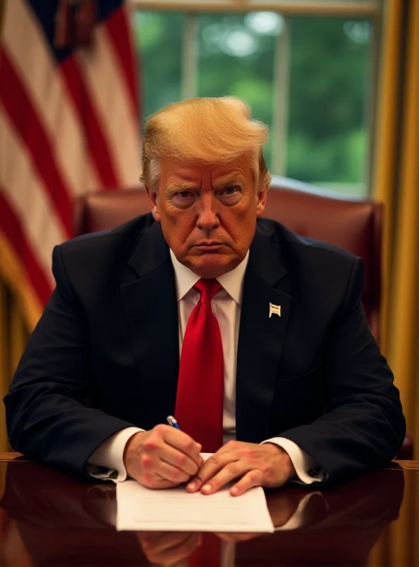 Donald Trump sitting at a desk in the Oval Office, writing a letter. An American flag is visible in the background.