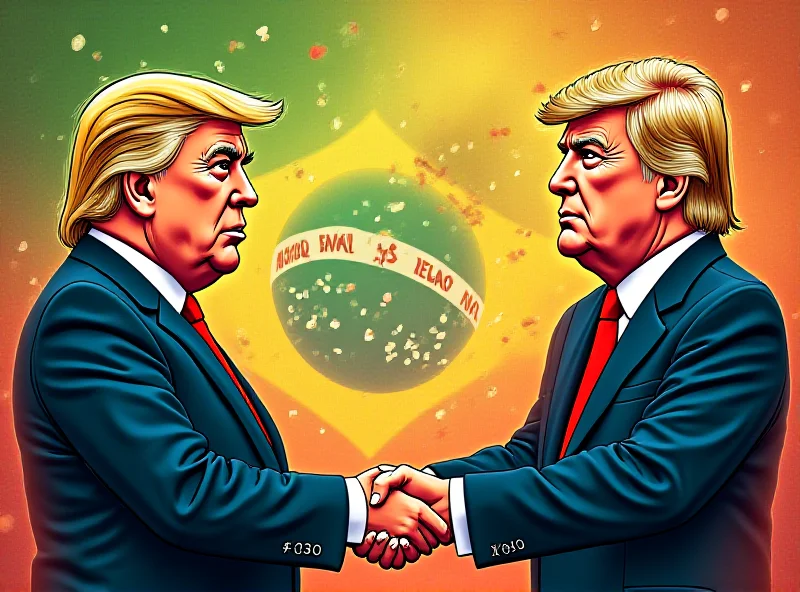 Illustration of Donald Trump shaking hands with Jair Bolsonaro against a backdrop of the Brazilian flag and rising inflation charts.