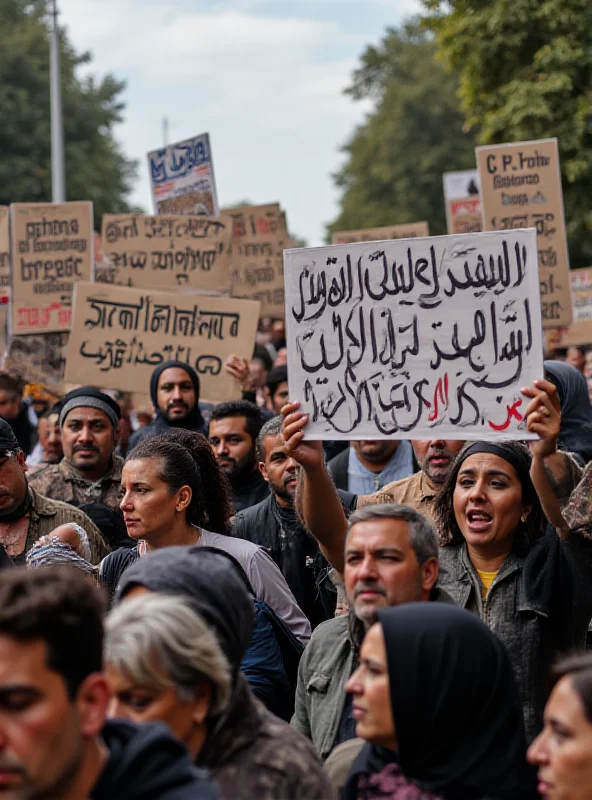 A group of people holding signs and banners at a rally in support of a peaceful resolution to the Israeli-Palestinian conflict.