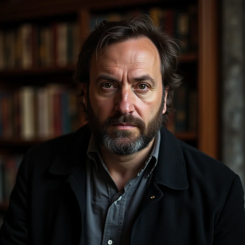 A portrait of Omri Boehm, a Jewish philosopher, looking thoughtful and contemplative, set against a blurred background of bookshelves in a library or study.