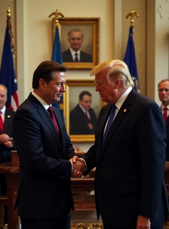 Image of Volodymyr Zelensky and Donald Trump shaking hands, but with a visible tension in their body language.