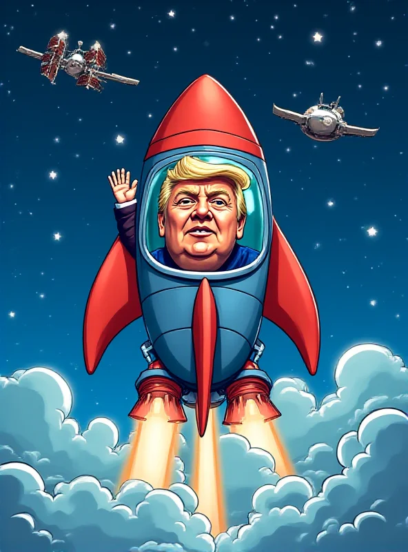 A stylized image depicting a rocket launching towards the International Space Station, with a cartoonish representation of Donald Trump waving from the rocket window.