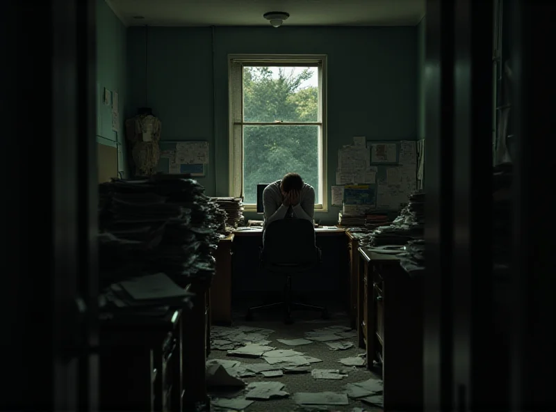 A dimly lit, cluttered office space with empty desks and visible disrepair. Papers are scattered, and one worker is looking frustrated.