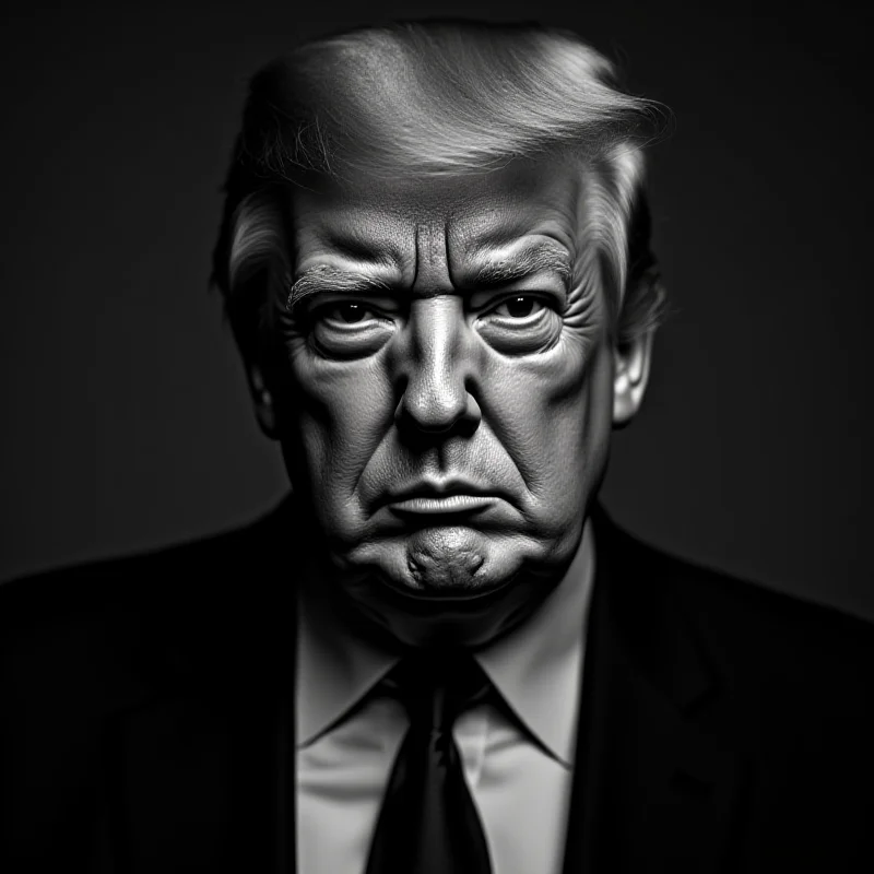 A dramatic portrait of Donald Trump, looking directly at the viewer with a stern expression. The image is in black and white with high contrast.