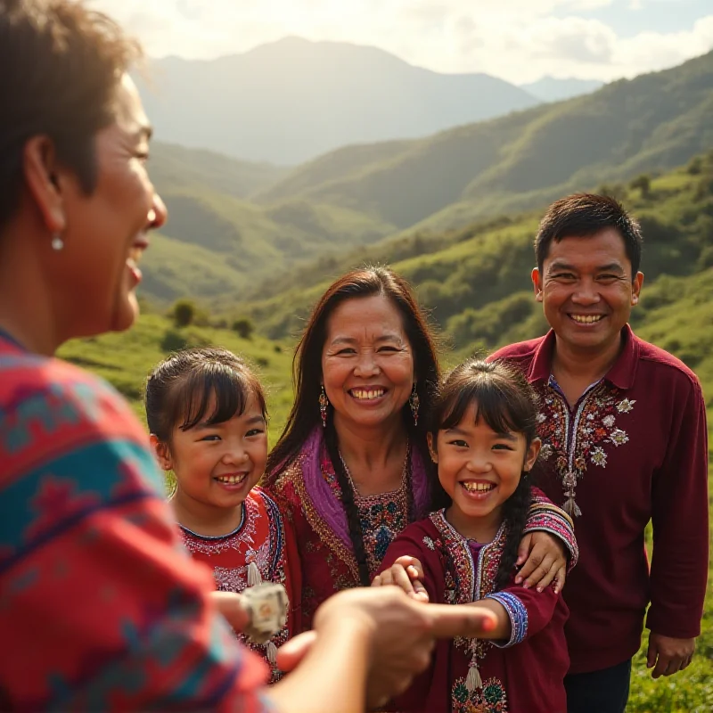 A family in Guatemala receiving money. They are smiling and grateful. In the background, the landscape is rural and shows the highlands of Guatemala.