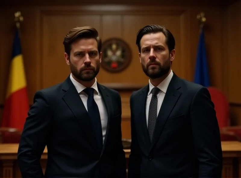 Andrew Tate and Tristan Tate standing in a courtroom, looking serious, with Romanian flags in the background