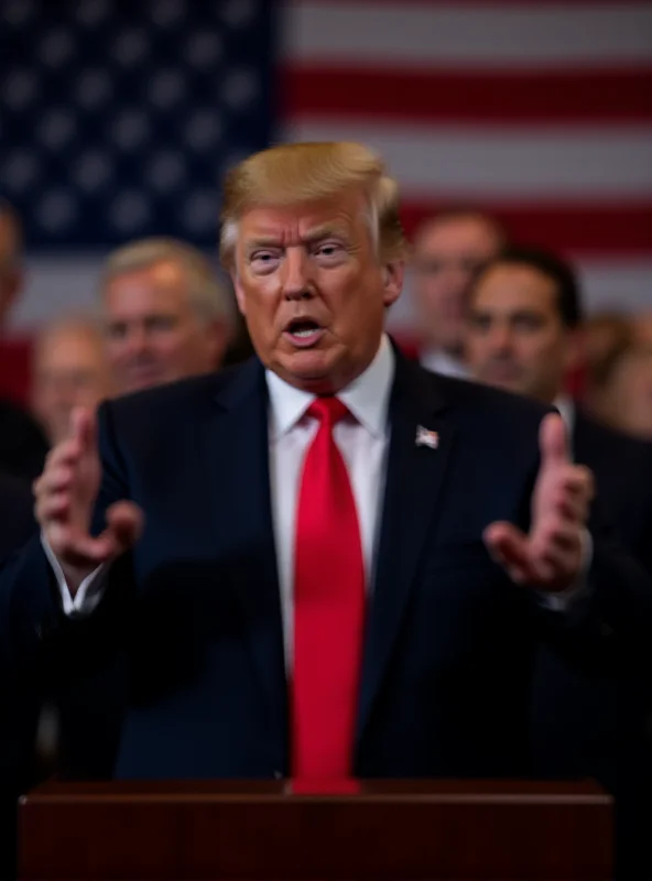 Donald Trump standing at a podium with a determined expression, surrounded by advisors, with the American flag in the background