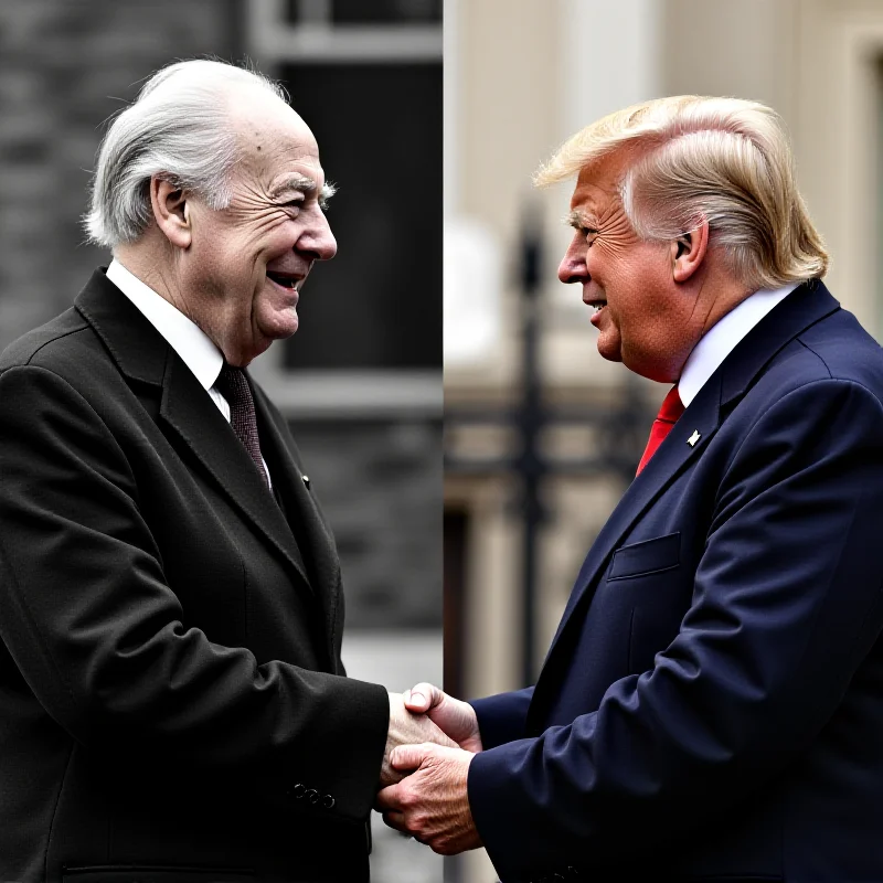 A split image showing a historical photo of Winston Churchill and Harry Truman on one side, and Donald Trump and Theresa May holding hands on the other side