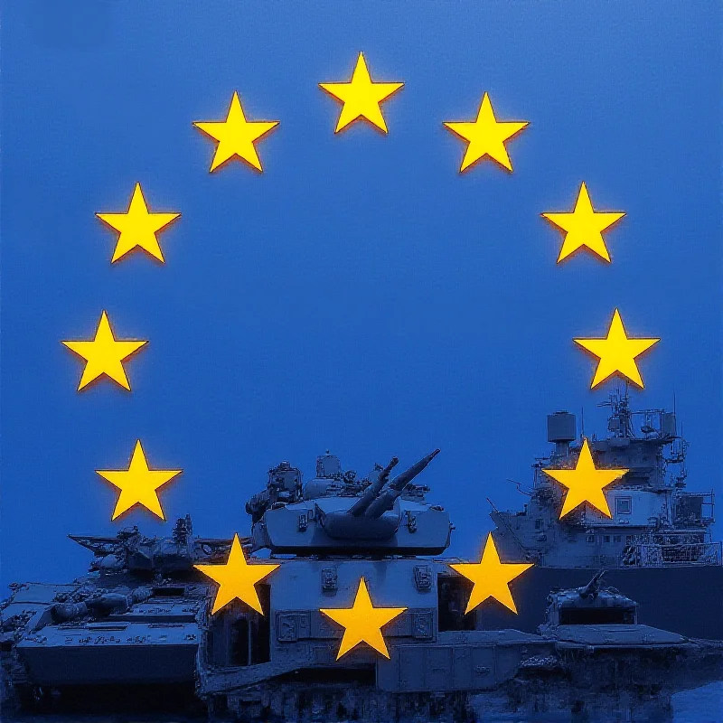 European Union flag with military equipment superimposed, symbolizing increased defense spending