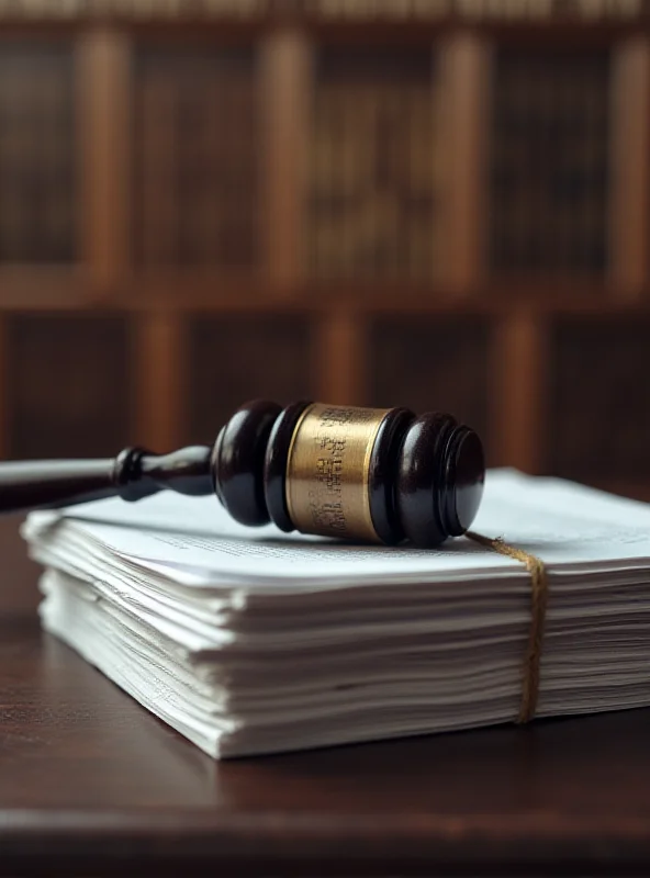 A gavel resting on a stack of legal documents in a courtroom setting